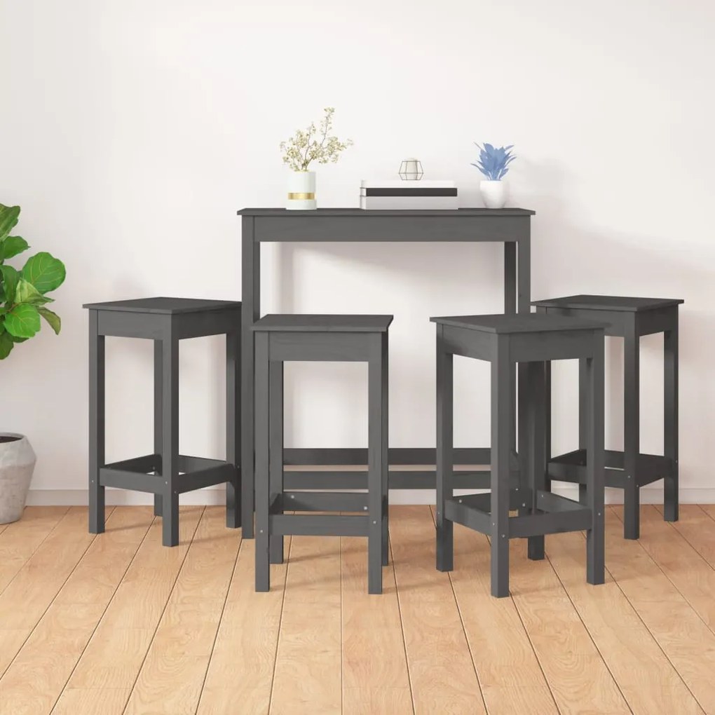Set mobilier de bar, 5 piese, gri, lemn masiv de pin