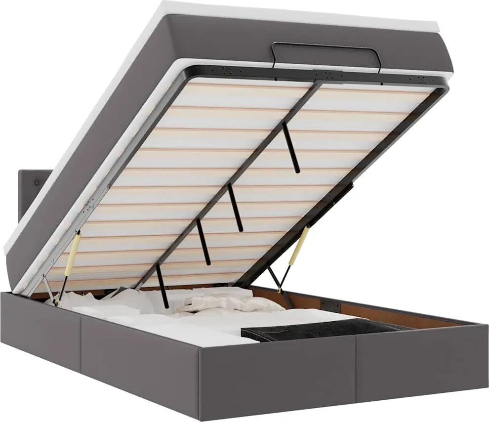 vidaXL Pat otoman cu saltele și LEDs, gri, 120x190cm, piele ecologică