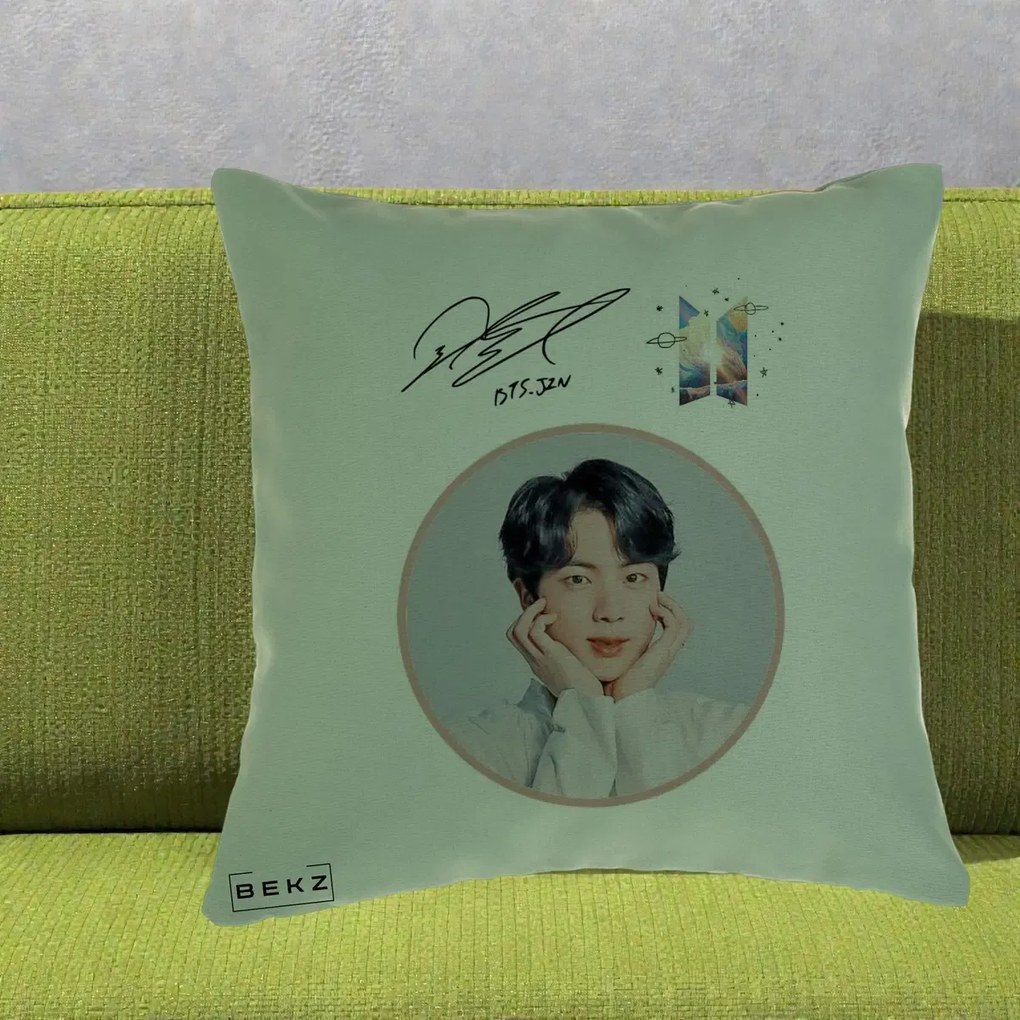 Perna personalizata K-pop BTS Jin Portret cu Autograf, 40x40 cm cu Umplutura, Verde, BEKZ
