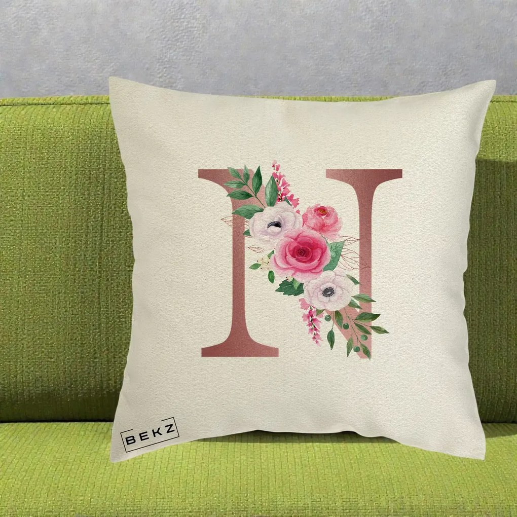 Cadou Personalizat - Perna Personalizata Monograma Rose Gold Litera N, 40x40 cm, Ecru, Husa Detasabila, Perna Inclusa, BEKZ®