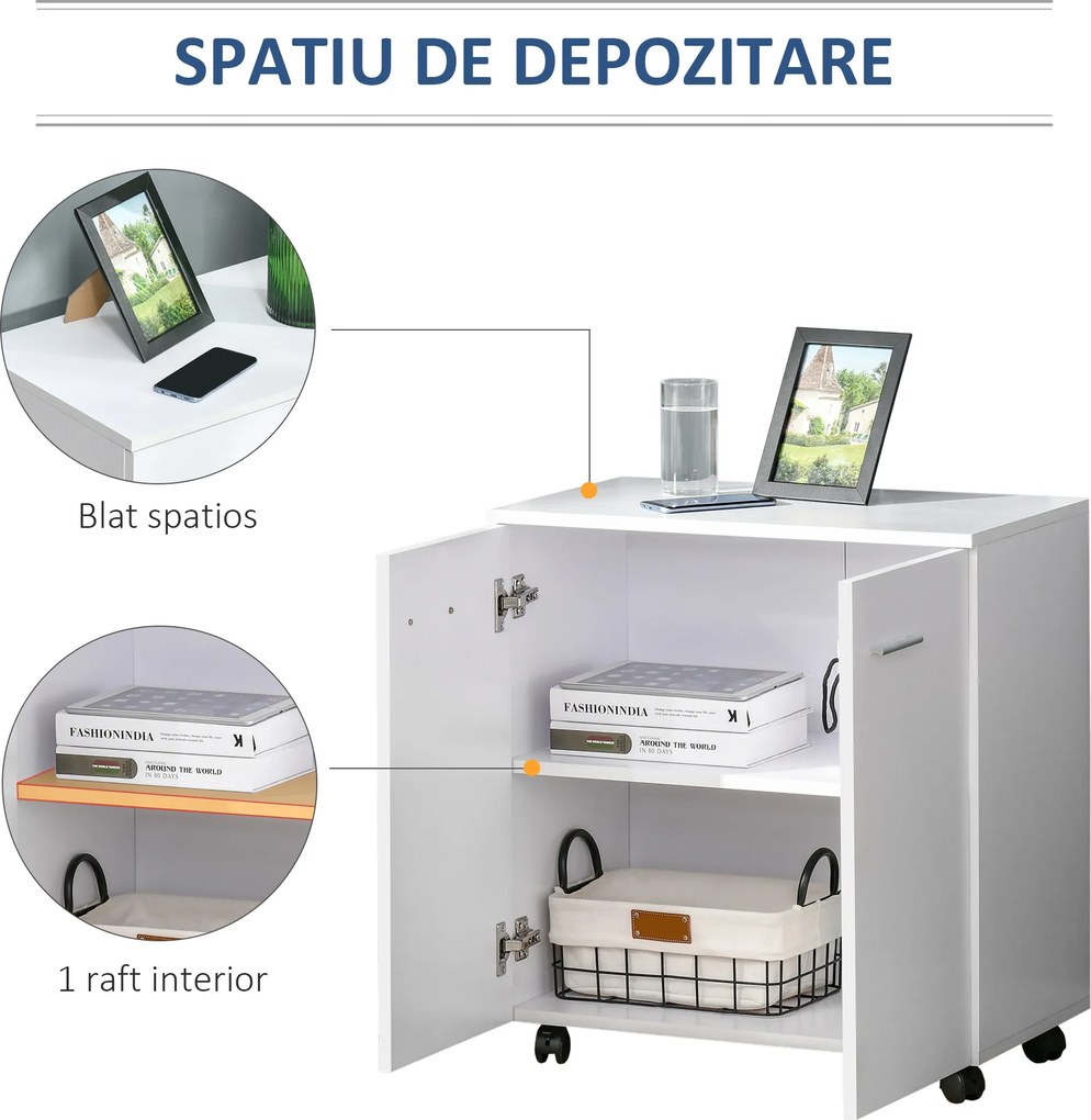 HOMCOM Comodă TV cu Roți Incluse, pentru Living sau Dormitor, 60x35x65 cm, Alb | Aosom Romania