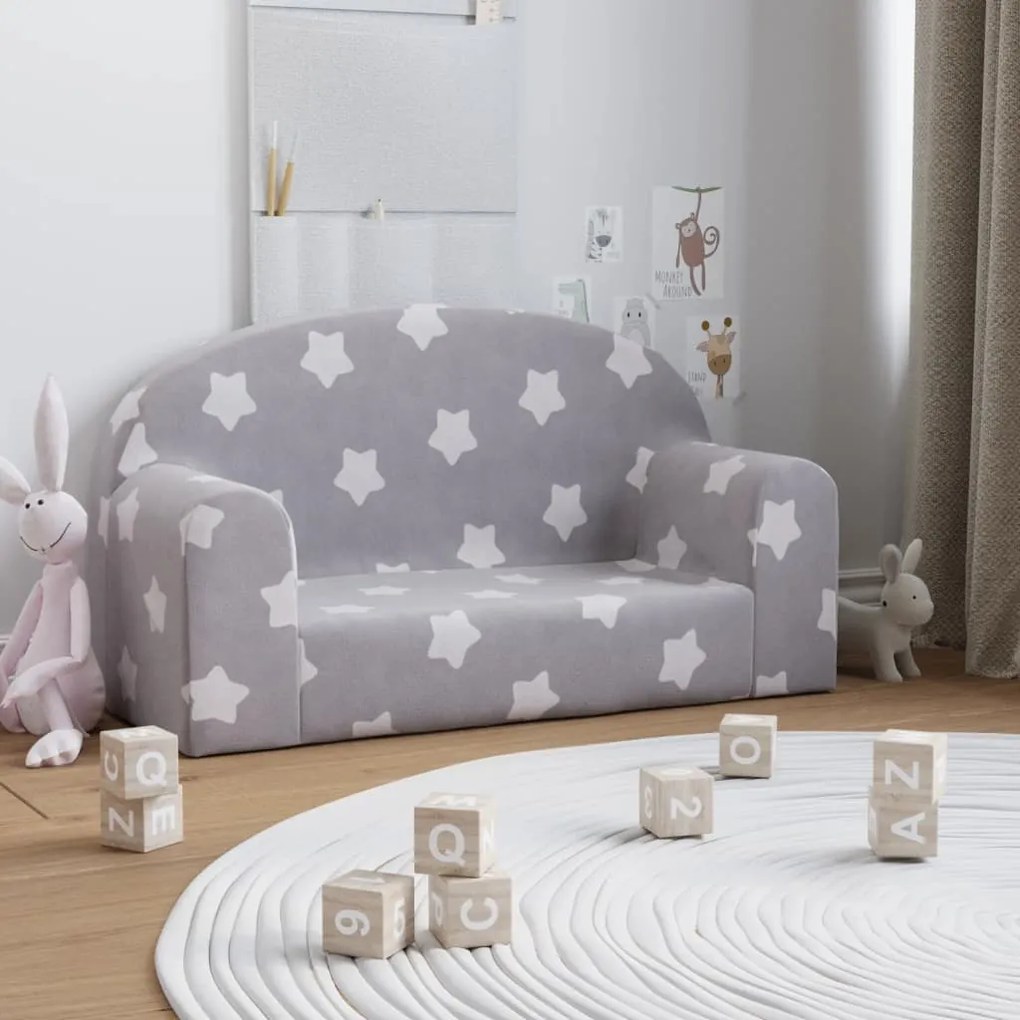 341791 vidaXL Canapea pentru copii 2 locuri, gri deschis cu stele, pluș moale