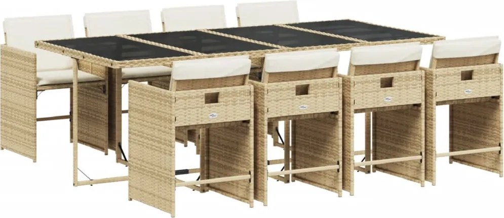 vidaXL Set de masă pentru grădină, 9 piese, cu perne, bej, poliratan