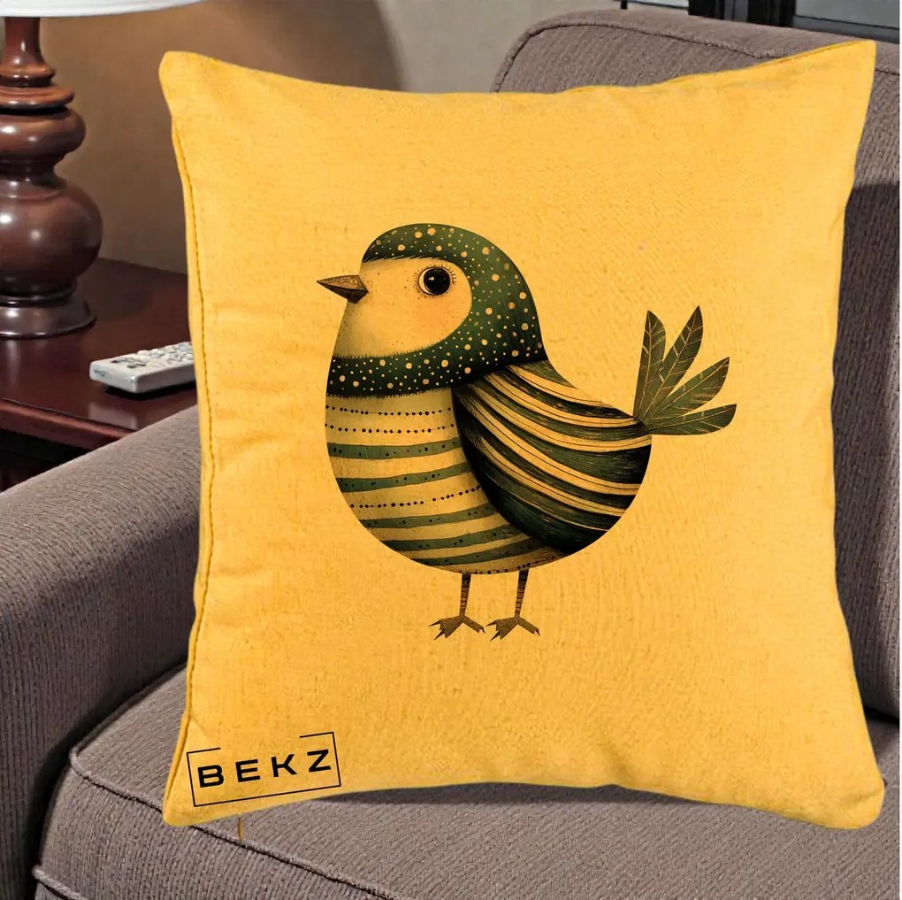 Perna Decorativa Pasare Teal Decorativa Dungata, 40x40 cm, Galben, Husa Detasabila, Perna Inclusa, BEKZ®
