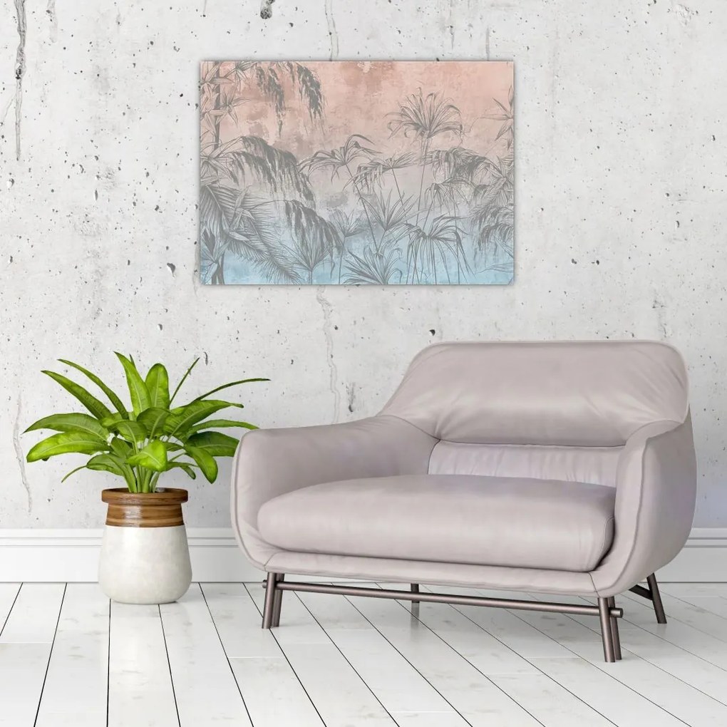 Tablou pe sticlă - Plante tropicale pe perete (70x50 cm)