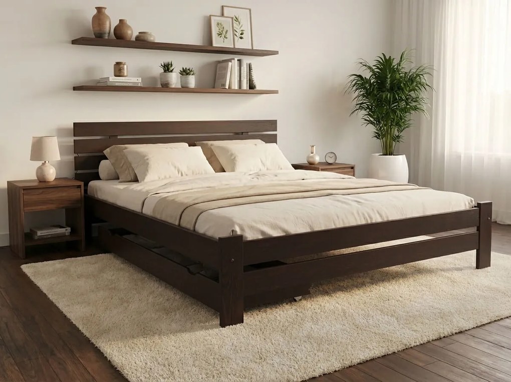 Pat inalt Paris, nuc 160x200 cm Saltele: Cu saltele Deluxe 10 cm, Somiera pat: Cu lamele drepte