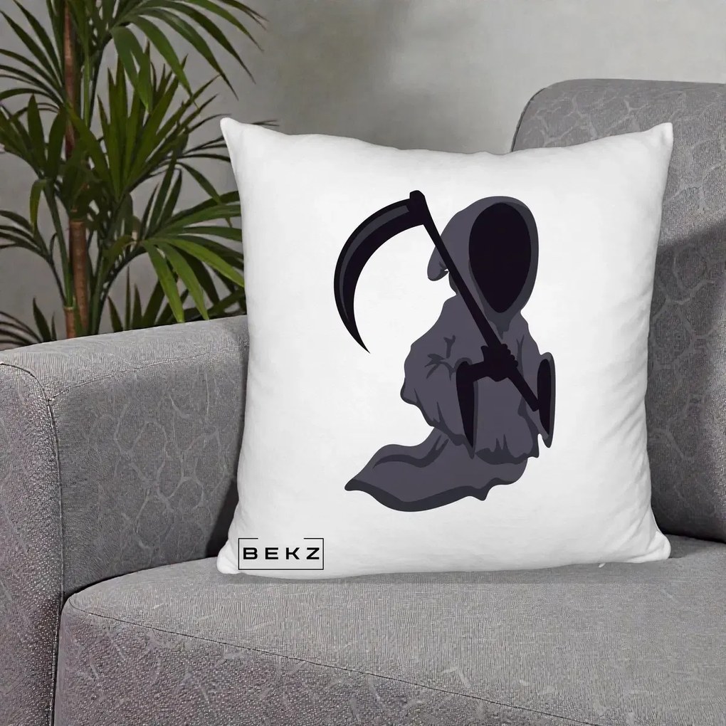 Perna Decorativa Moartea cu Coasa Grim Reaper Halloween, 40x40 cm, Alb Pufos, Husa Detasabila, Perna Inclusa, BEKZ®