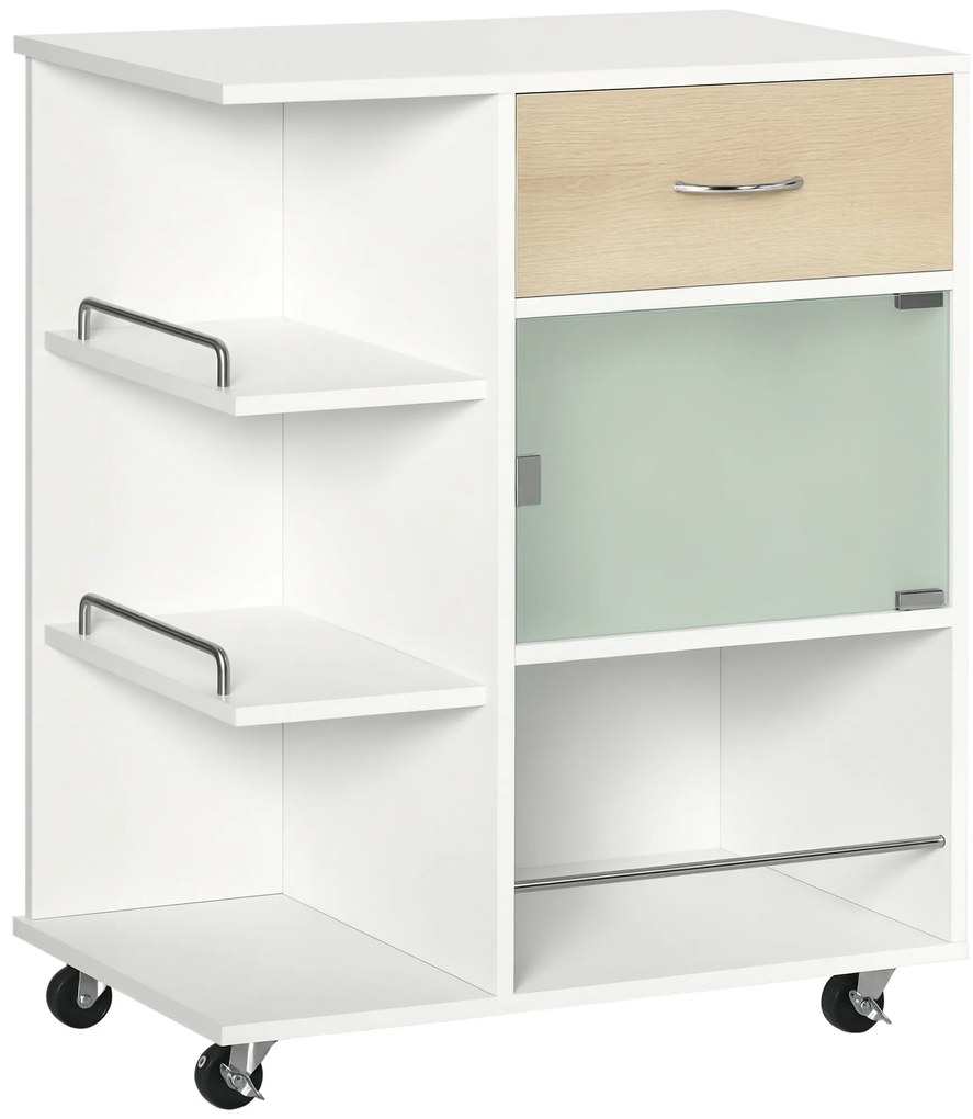 HOMCOM Carucior de bucătărie insulă centrală de bucătărie cu roți pivotante 360° rafturi cu bariere 65 x 39 x 80 cm alb | Aosom Romania