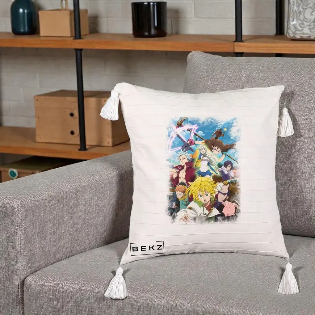 Perna Personalizata Nanatsu no Taizai Cele Sapte Pacate Mortale Anime, 40x40 cm, Bej cu Franjuri, Husa Detasabila, Perna Inclusa, BEKZ®