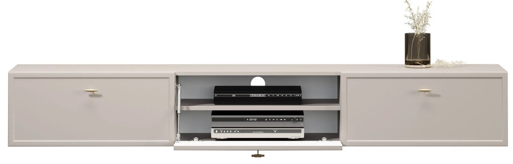Comodă TV suspendată Lorini 200 cm cu sertare - culoare cașmir / mânere aurii tip T-bar
