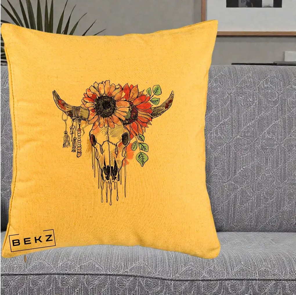 Perna Decorativa Craniu Boho Floral, 40x40 cm, Galben, Husa Detasabila, Perna Inclusa, BEKZ®