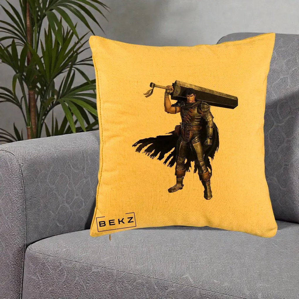 Perna Personalizata Berserk Guts Luptatorul Negru, 40x40 cm, Galben, Husa Detasabila, Perna Inclusa, BEKZ®