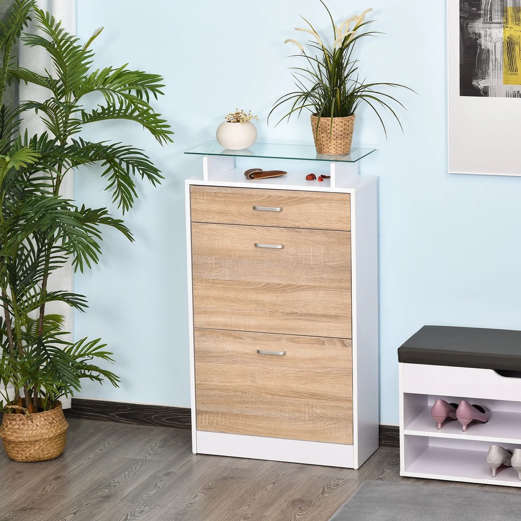 HOMCOM Dulap pentru Pantofi, Mobilier depozitare Pantofi cu 2 Uși pliante 2 Compartimente, sertar, Placă din Sticlă - Lemn stejar Alb | Aosom Romania