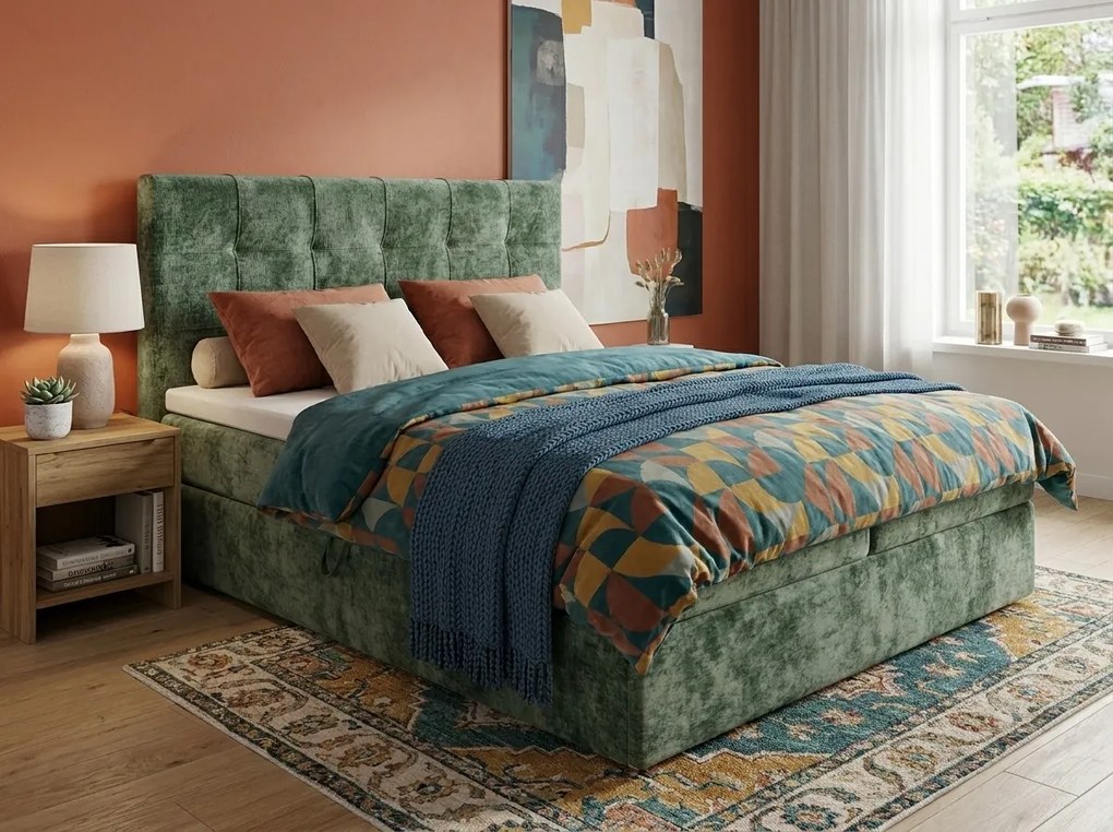 Pat boxspring tapitat DIRELIS VIBE 160x200 cm verde inchis Saltea: Saltea cu arcuri Bonell