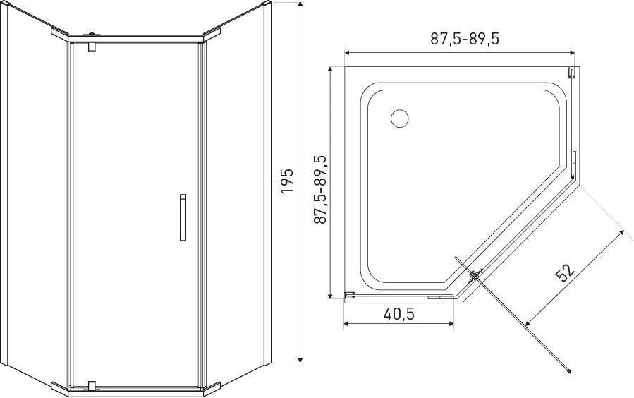 Cabină de duș pătrată Kora 90 Gold cu ușă batantă
