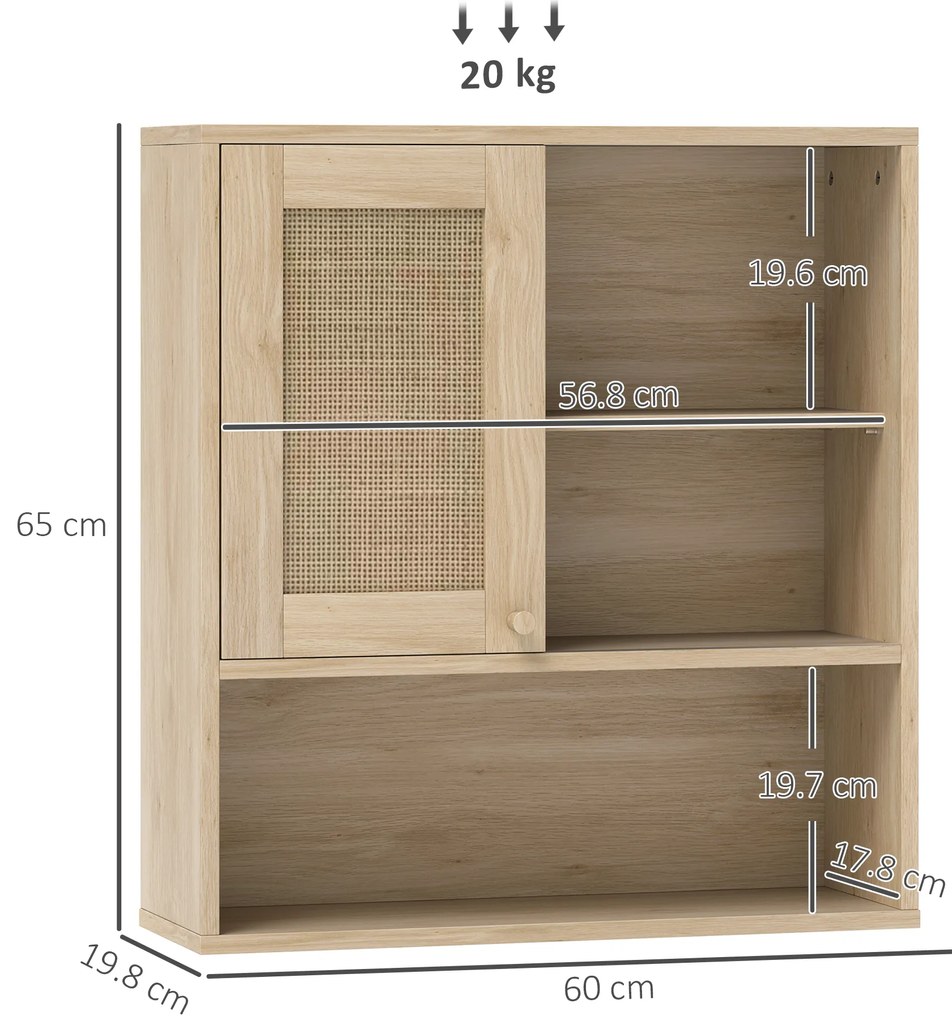 HOMCOM Armoire murale, mobilier suspensie baie cu ușă glisantă din răchită și rafturi deschise, lemn natural | Aosom Romania