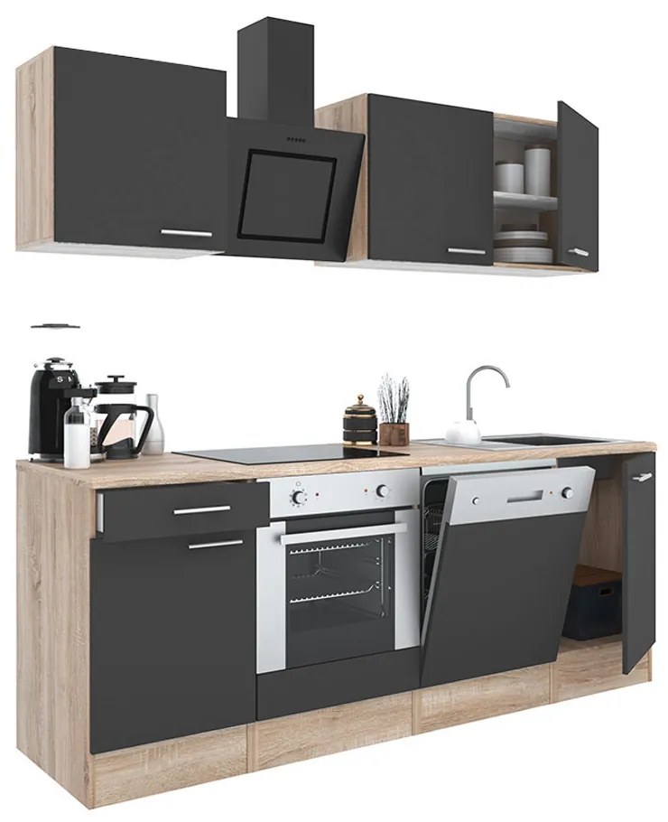 Mobilă de bucătărie Yorki 220, corp din stejar sonoma, față antracit satinat cu element inferior al cuptorului