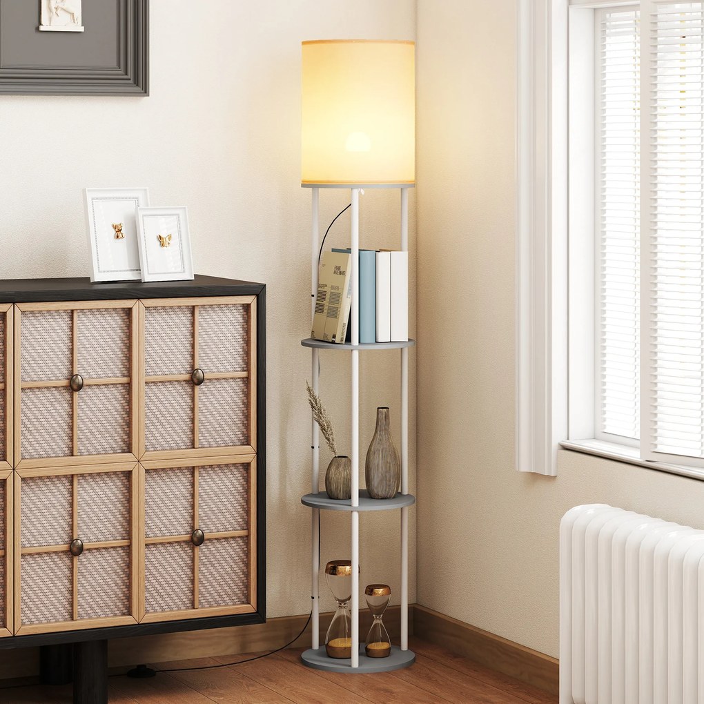 HOMCOM Lampă de podea cu polițe, 3 temperaturi de culoare, telecomandă, pentru living dormitor birou gri | Aosom Romania