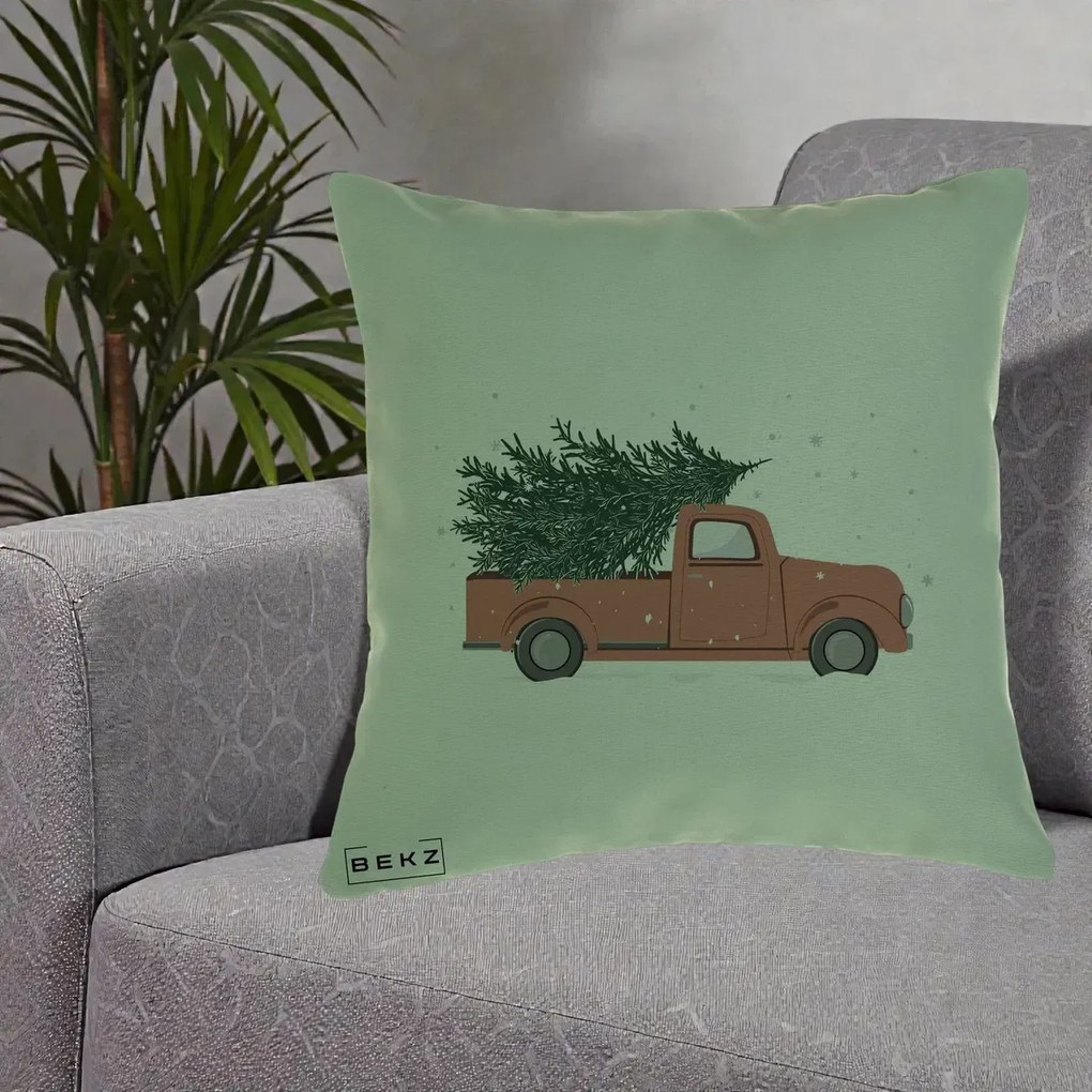 Perna Decorativa Camioneta Terracotta Brad de Craciun, 40x40 cm, Verde, Husa Detasabila, Perna Inclusa, BEKZ®