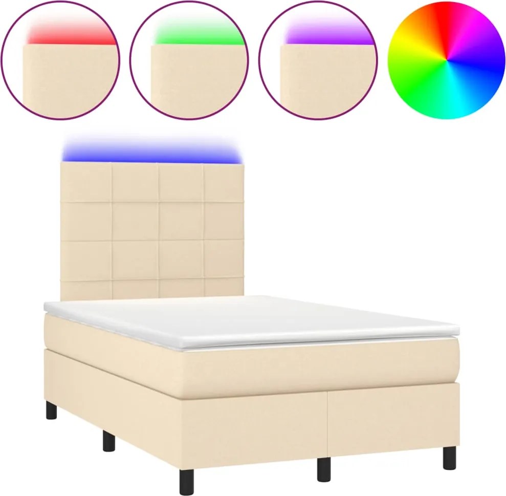 vidaXL Pat cu arcuri, saltea și LED, crem, 120x190 cm, textil