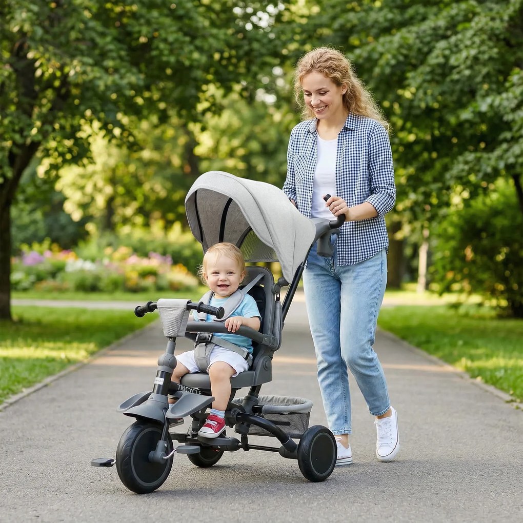 AIYAPLAY Tricicletă Copii 6 în 1, Cărucior și Bicicletă, 1-5 Ani, Max. 25 kg, Pliabilă cu Scaun Rotativ, Copertină, Gri | Aosom Romania