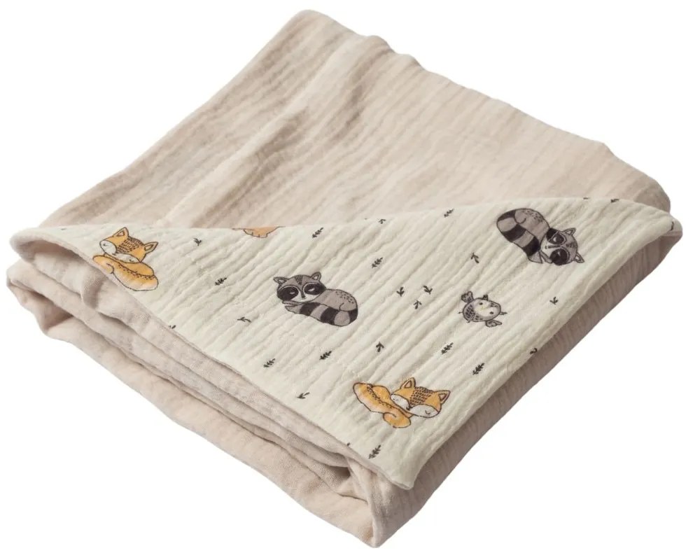 Paturica de vara cu doua fete din muselina 100x100 cm cm Kidizi Cuddly Buddies, bumbac 100%