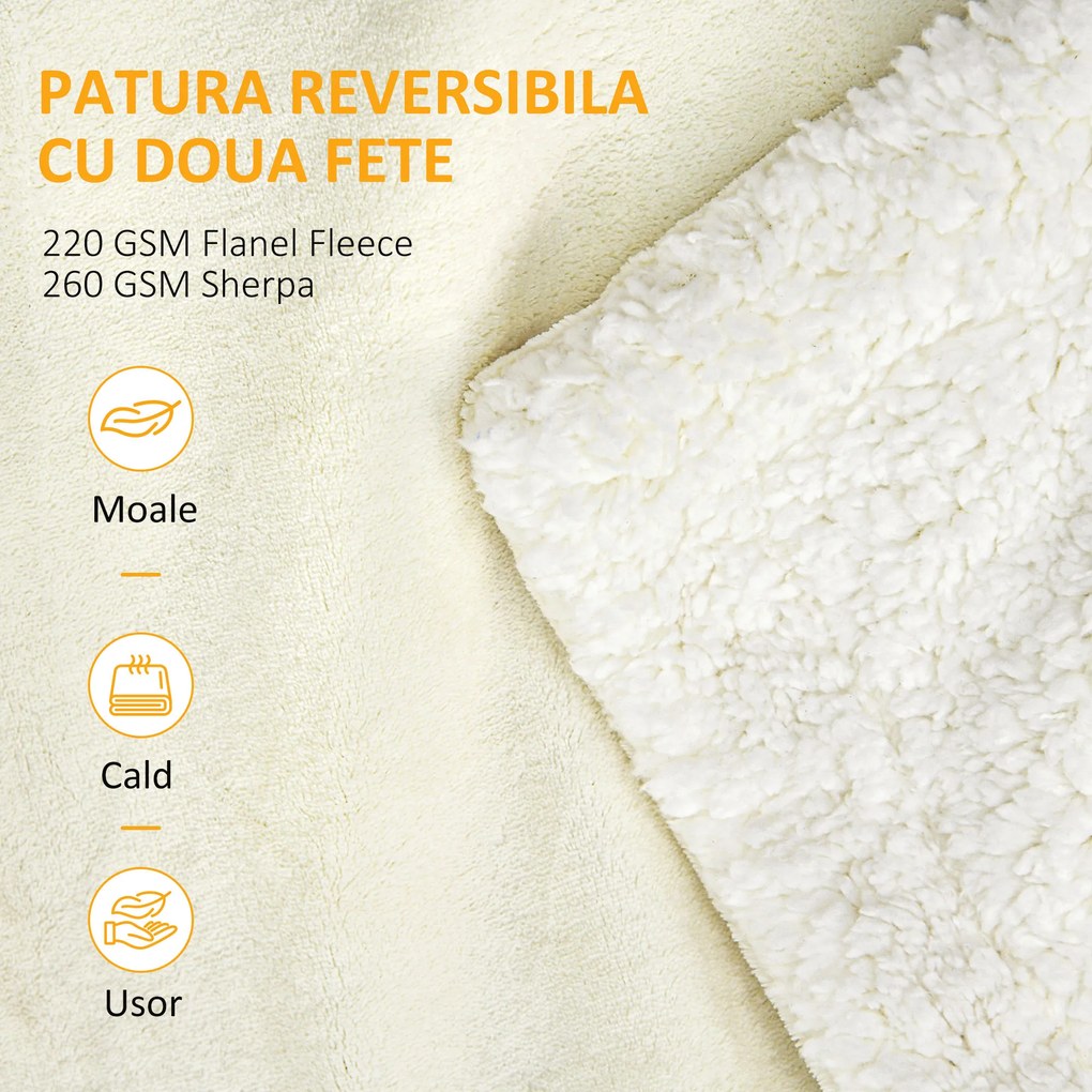 HOMCOM Patura din Fleece Sherpa pentru Canapele, Patura Dubla Reversibila si Calduroasa si Pufoasa, Dimensiune Dubla, 203x152cm, Crem | Aosom RO