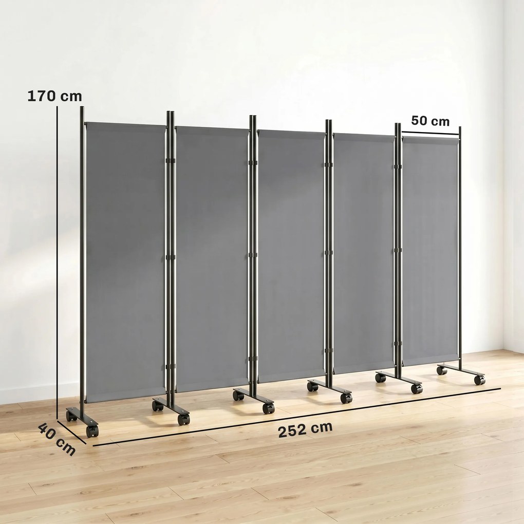 Outsunny Separator de cameră 5 piese 252 x 40 cm Paravan independent cu 12 roți Pliabil Separator DIY Gri închis | Aosom Romania