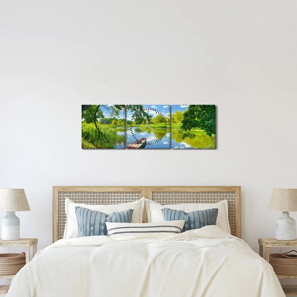 Tablou cu râu de vară și barcă (cu ceas) (90x30 cm)