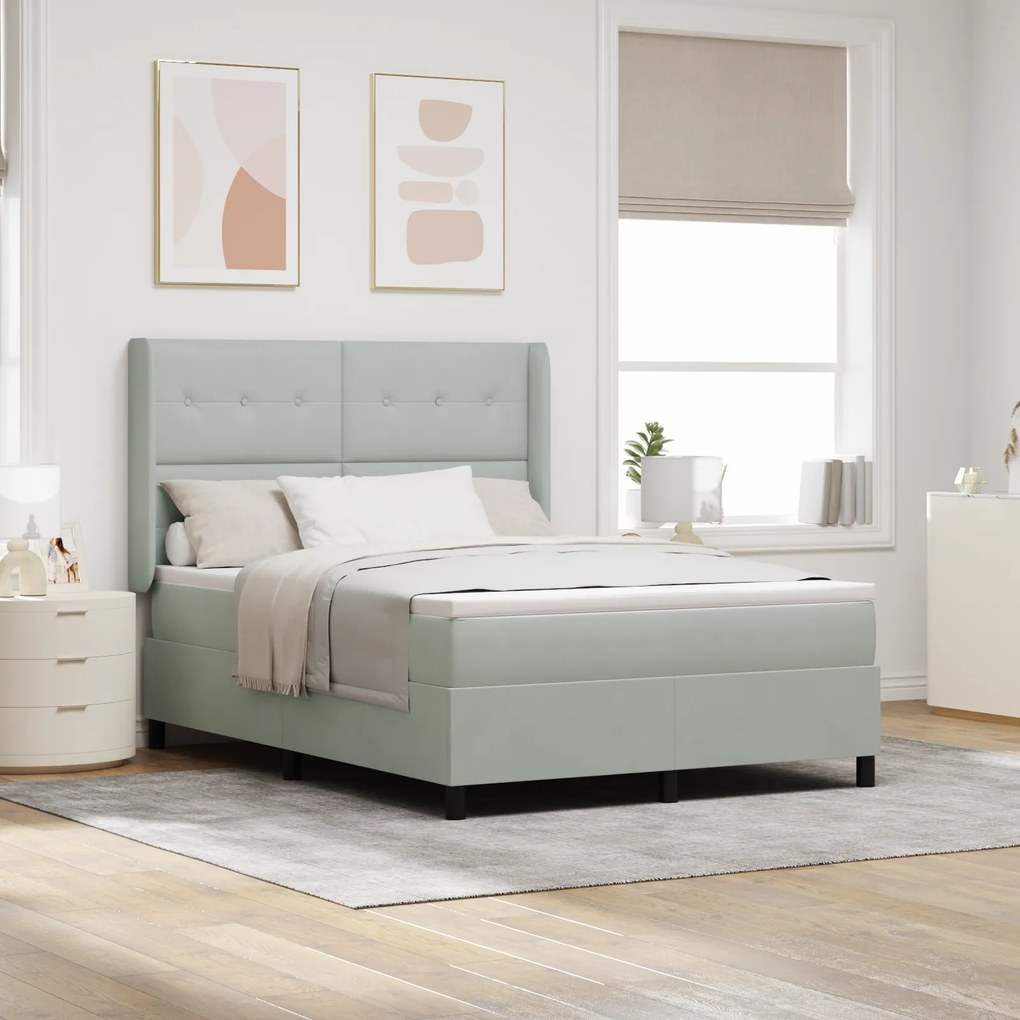 vidaXL Pat box spring cu saltea, gri deschis, 140x200 cm, catifea