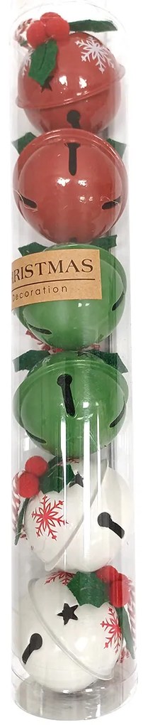 Set de 6 clopoței de Crăciun Snowflakes, diametru5 cm, roșu-verde-alb, metal, diam. 5 cm