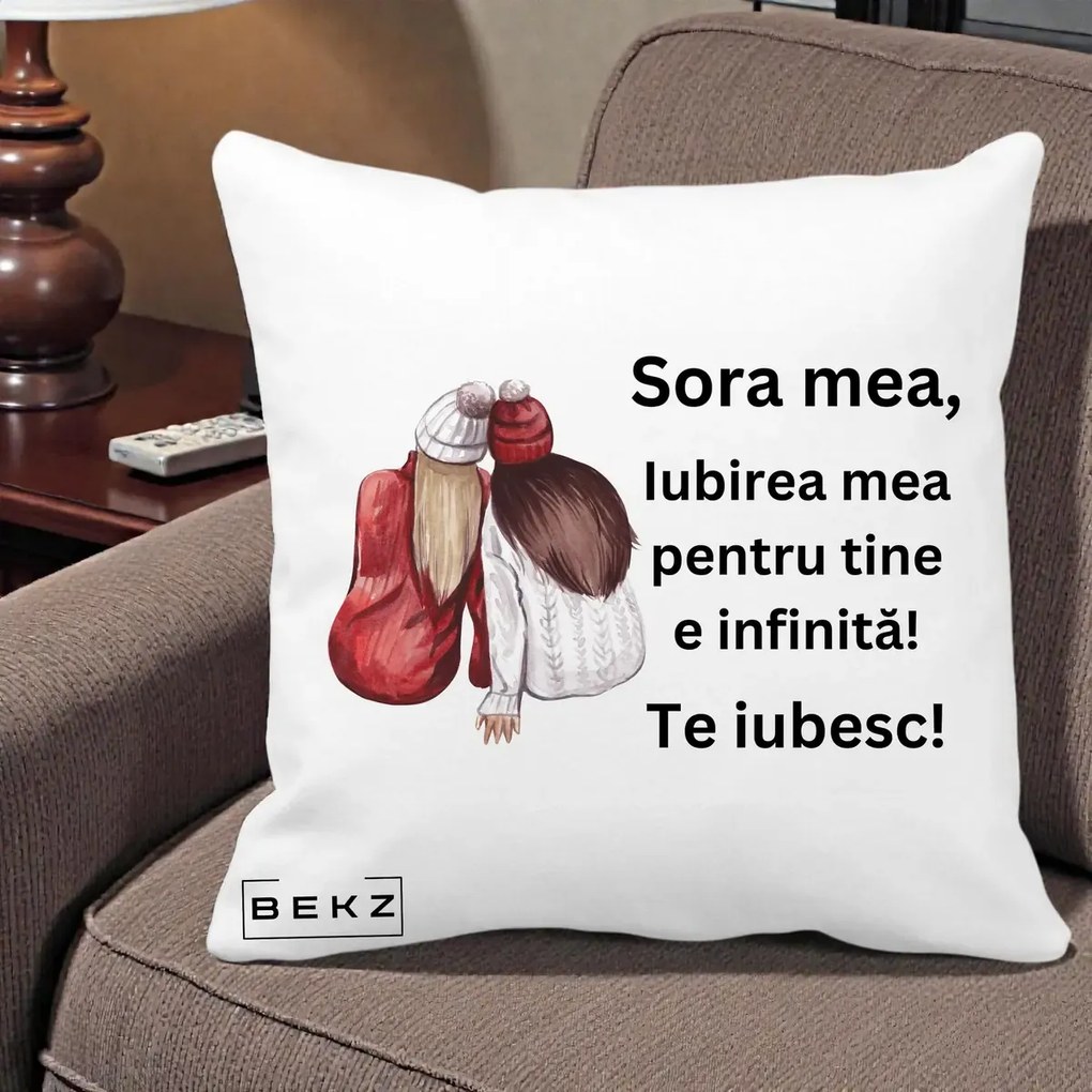 Cadou pentru Sora - Perna Personalizata Sora Mea Te Iubesc Doua Fete Iarna Acuarela, 40x40 cm, Alba Mata, Husa Detasabila, Perna Inclusa, BEKZ®