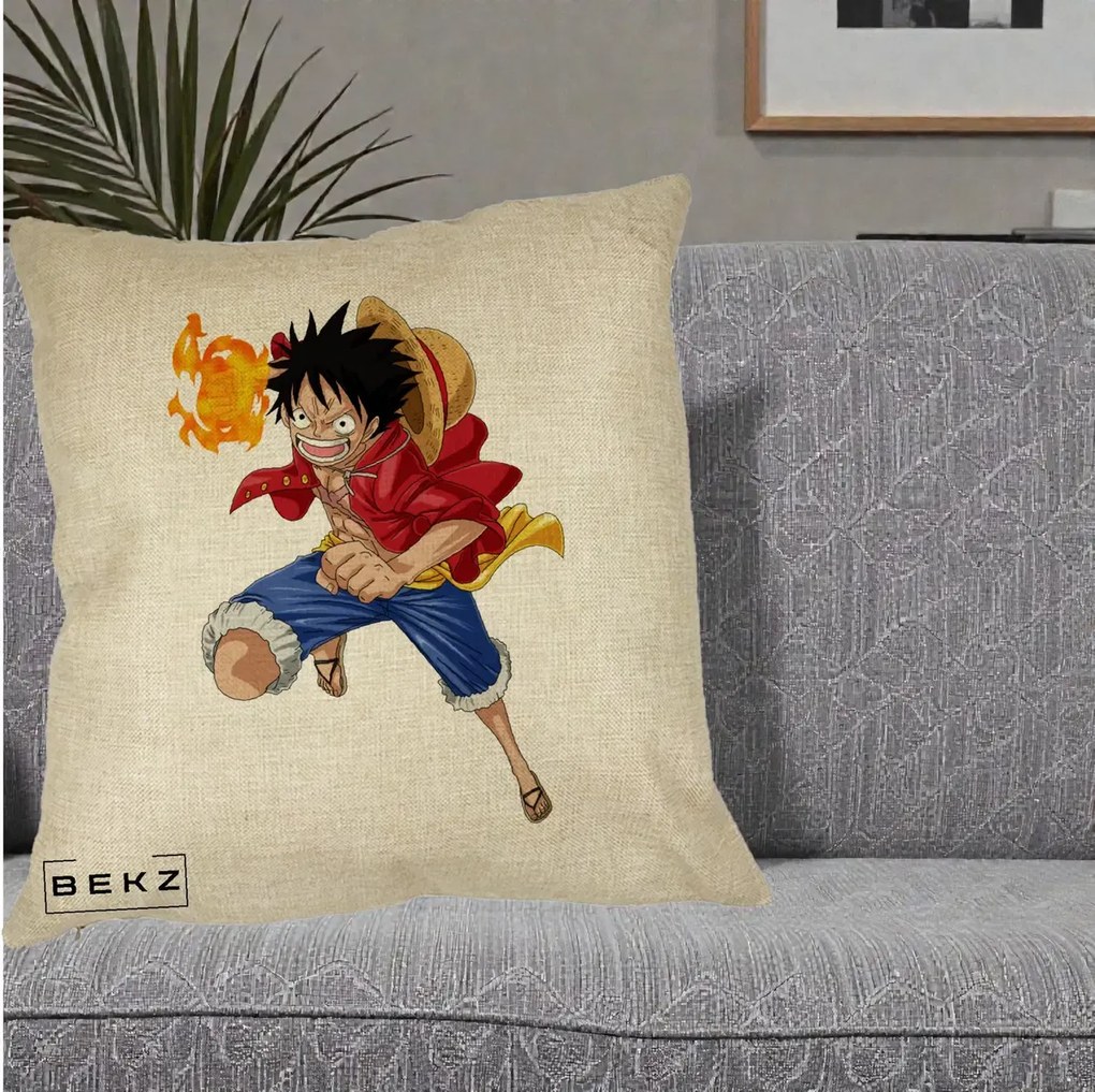 Perna Personalizata One Piece Luffy Gear Second Foc, 40x40 cm, Crem, Husa Detasabila, Perna Inclusa, BEKZ®