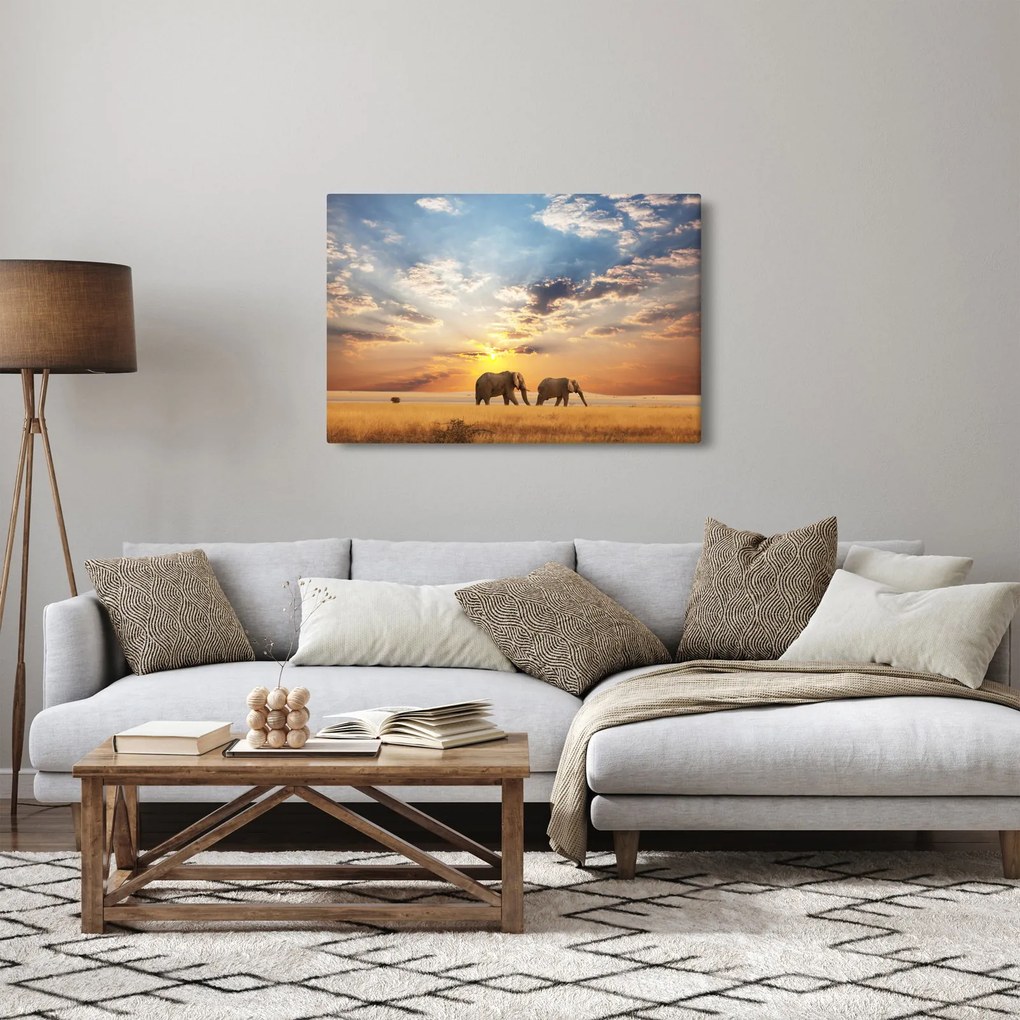 Tablou - Elefanți rătăcind în savană (90x60 cm)
