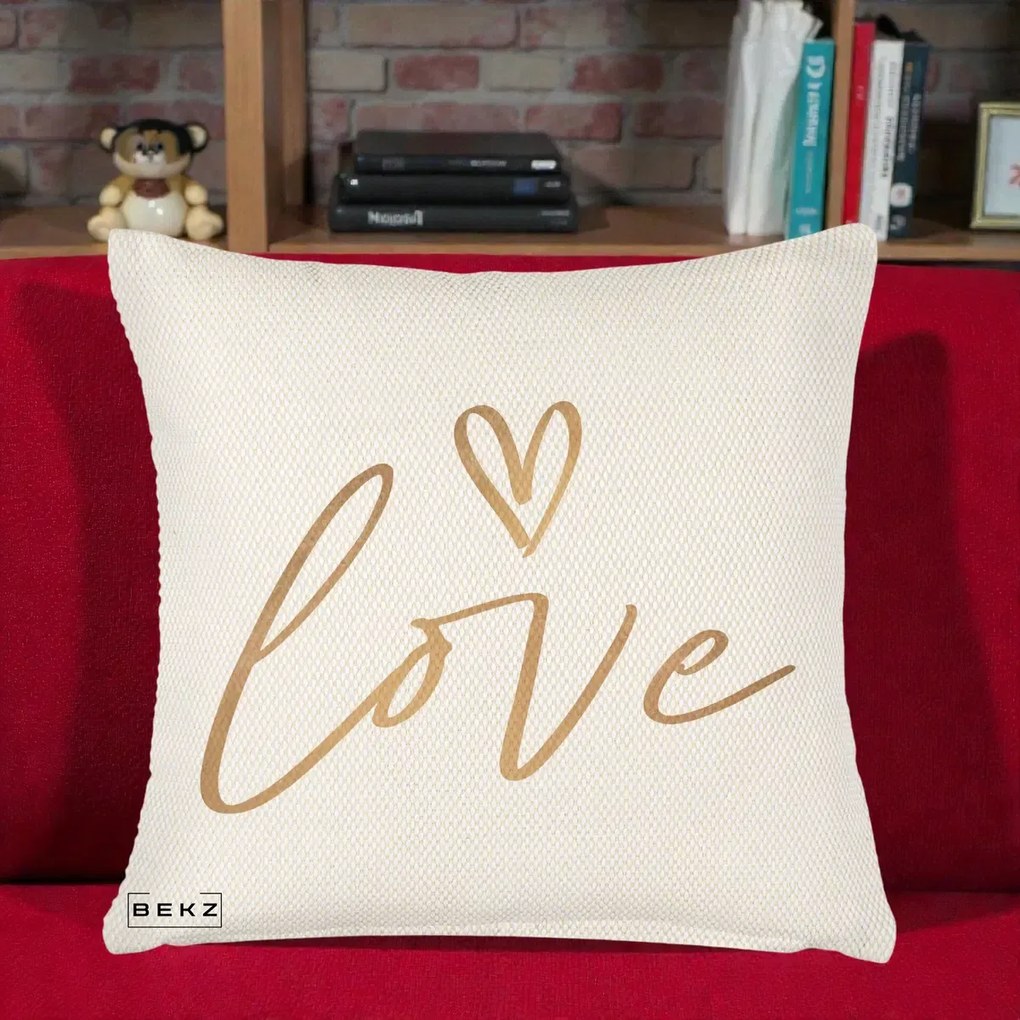 Perna Decorativa Love Caligrafie Aurie, 40x40 cm, Crem Reliefat, Husa Detasabila, Perna Inclusa, BEKZ®