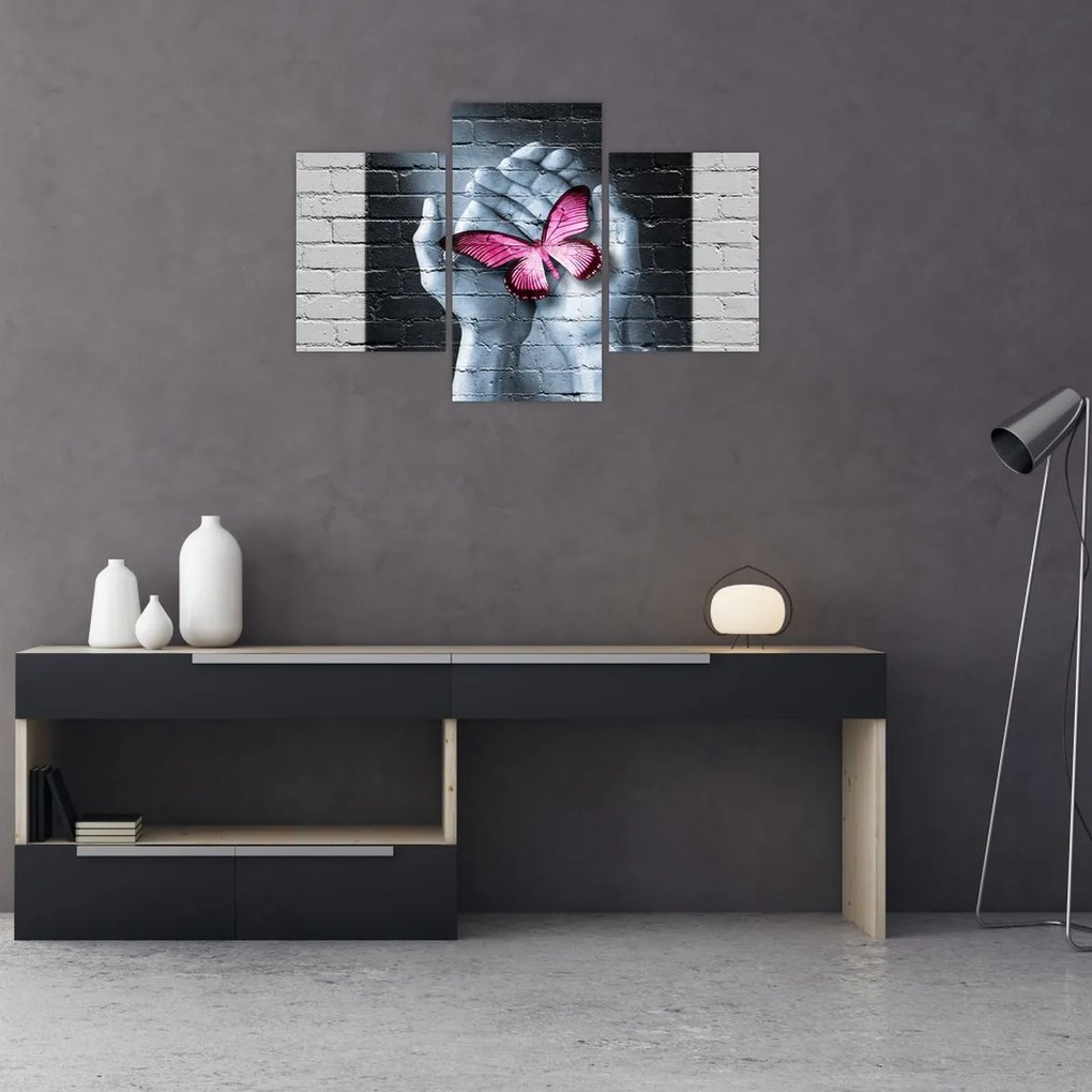 Tablou - Fluture roz în perete (90x60 cm)