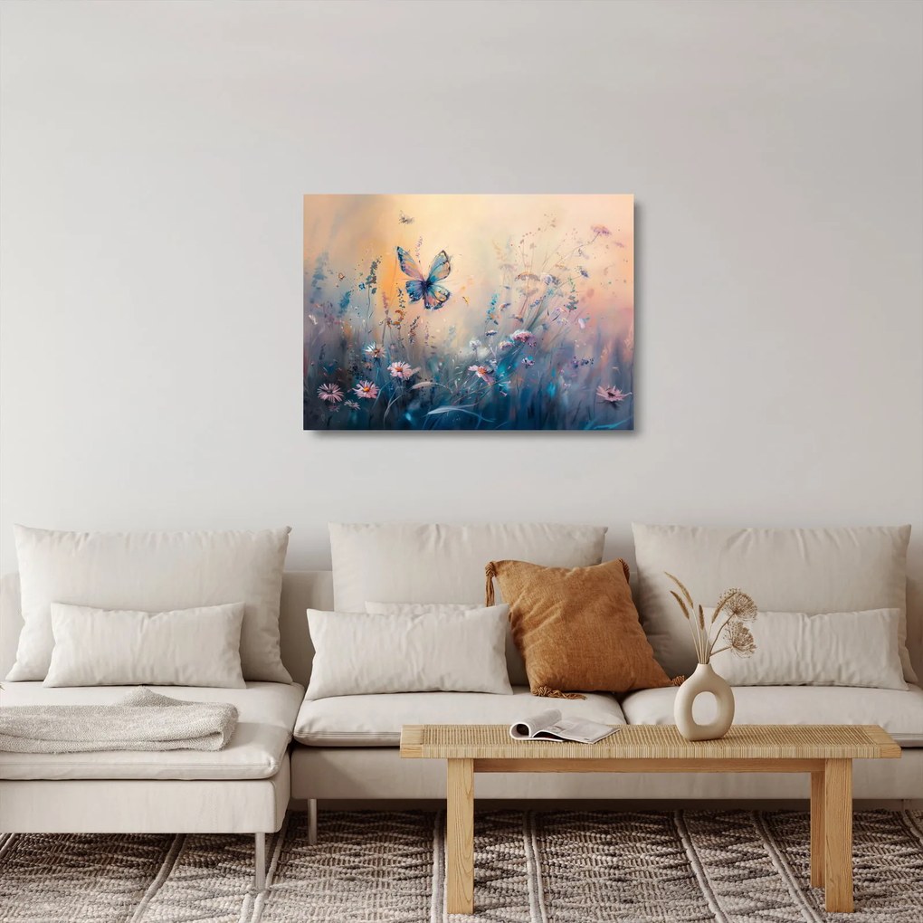 Tablou pe sticlă - Pajiște cu Fluture II (70x50 cm)