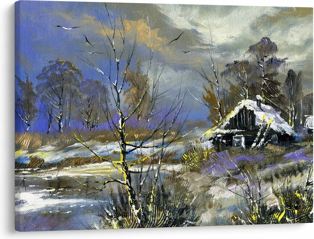 Tablou -Cabane într-un peisaj de iarnă, pictură în ulei (70x50 cm)