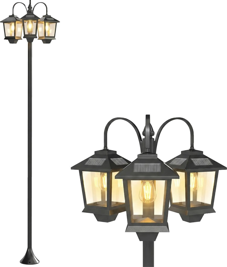 Outsunny Lampadar exterior solar cu 3 capete, lampadar pentru grădină, iluminare LED, senzor automat la apus și la răsărit, negru | Aosom Romania