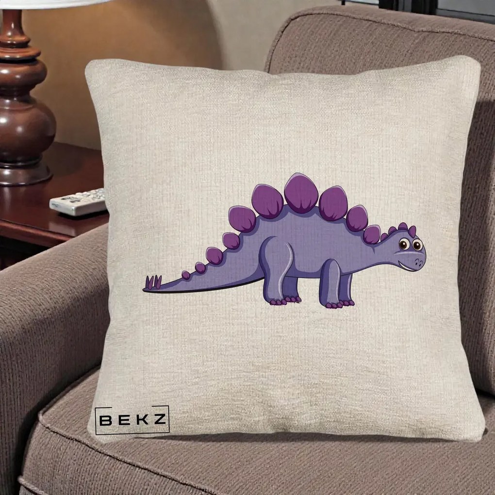 Perna Personalizata Stegozaur Mov, 40x40 cm, Bej Canapea, Husa Detasabila, Perna Inclusa, BEKZ®