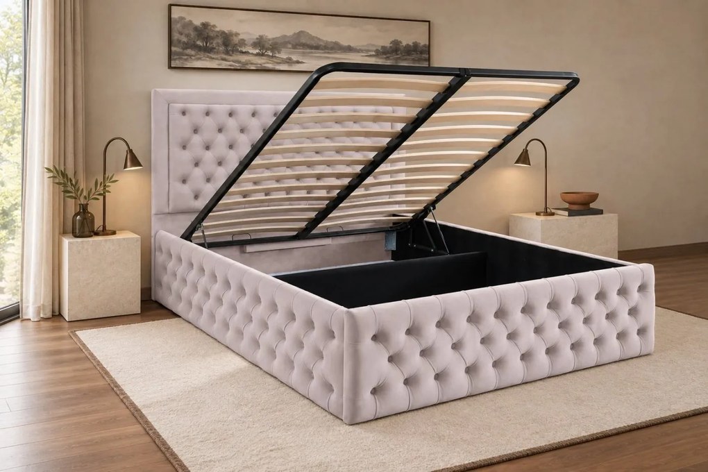 Pat tapițat Chesterfield din catifea Ophelia Deluxe 160×200 cm, crem, cu ladă de depozitare