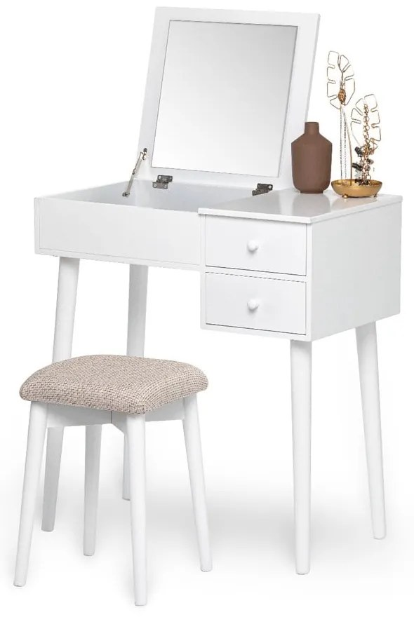Masă de toaletă cu oglindă, 2 sertare și cutie de bijuterii Bonami Essentials Beauty, alb