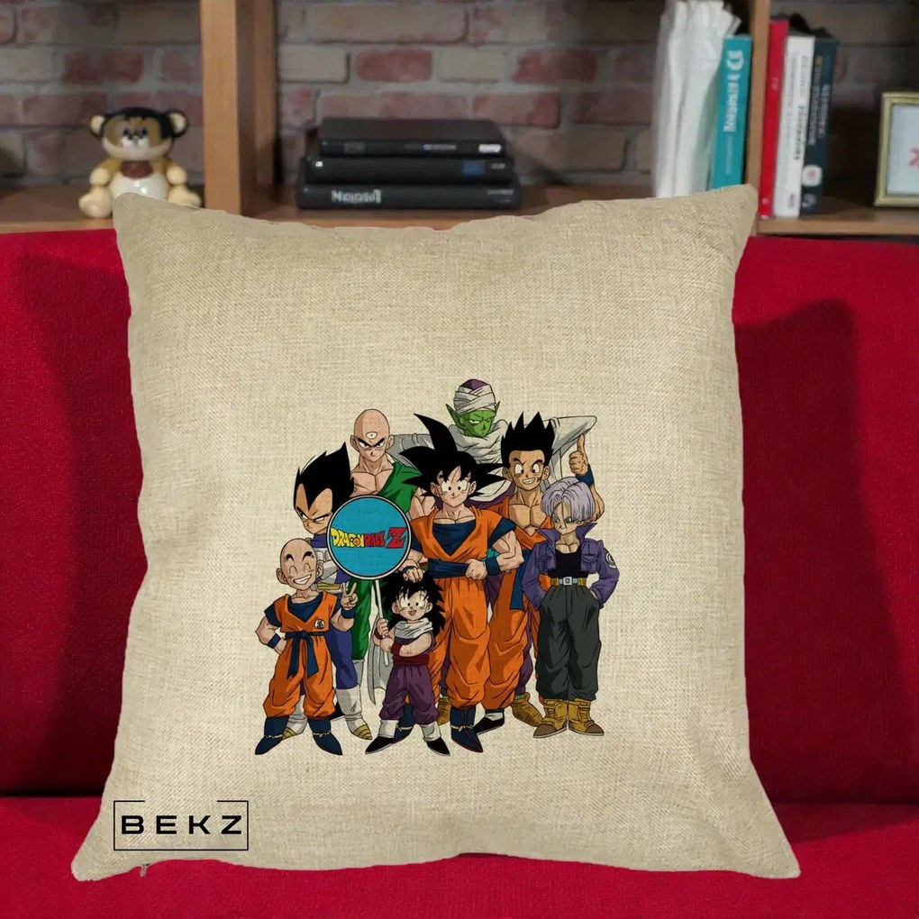Perna Personalizata Dragon Ball Z Grup Complet, 40x40 cm, Crem, Husa Detasabila, Perna Inclusa, BEKZ®