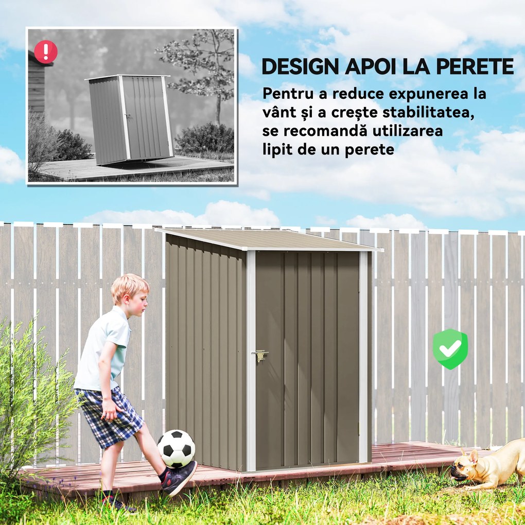 Outsunny Magazie de Grădină 0,92m² din Oțel Galvanizat, Depozit pentru Unelte cu Ușă Blocabilă, Acoperiș Înclinat, 100x104x160 cm, Maro și Alb | Aosom Romania