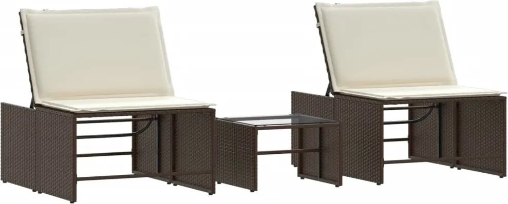 vidaXL Șezlonguri 2 buc. cu masă, maro, poliratan