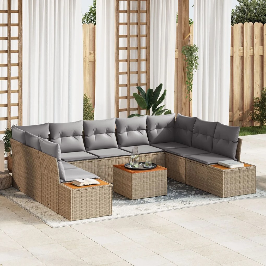 vidaXL Set de canapele pentru grădină cu pernă 10 pcs Bej Rattan poli