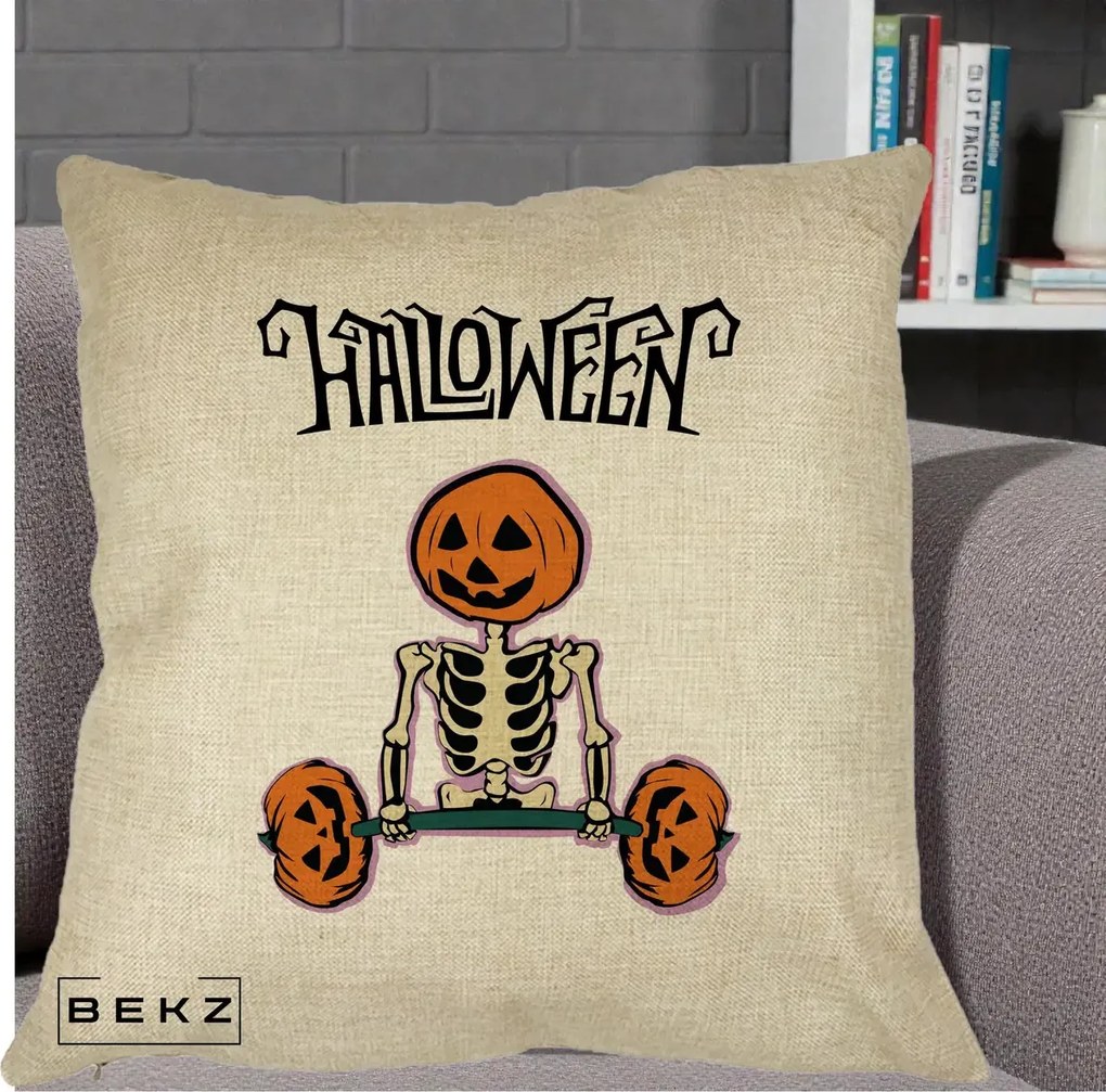 Perna Decorativa Halloween Schelet cu Cap de Dovleac Powerlifting, 40x40 cm, Crem, Husa Detasabila, Perna Inclusa, BEKZ®