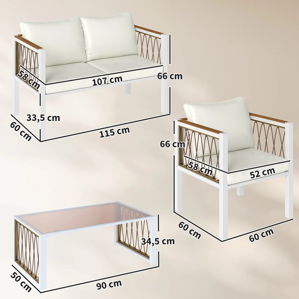Outsunny Set mobilier grădină 4 piese Polyrattan lounge cu canapea 2 locuri, 2 fotolii, masă cu sticlă, perne detașabile, saltea antiderapantă | Aosom Romania