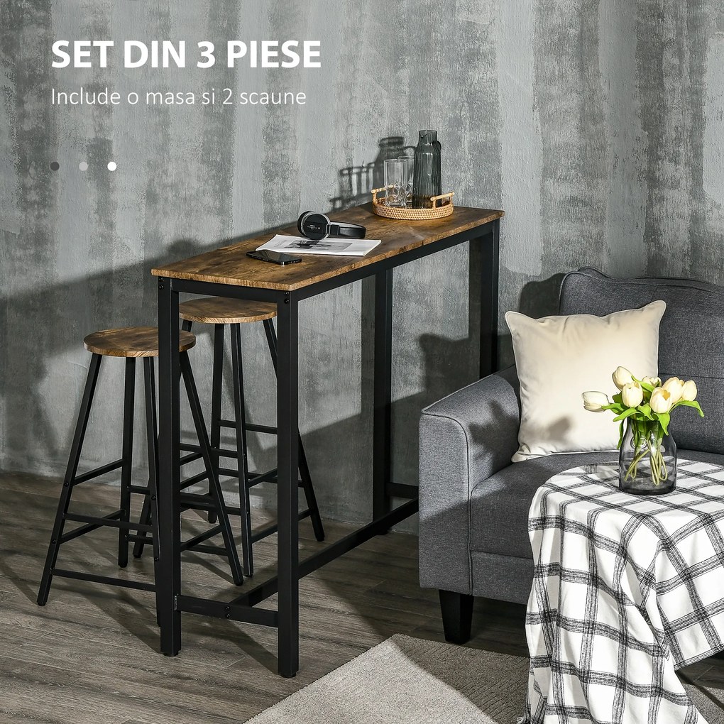 Set masa de bar industrial HOMCOM, masa dreptunghiulara cu 2 scaune | Aosom RO