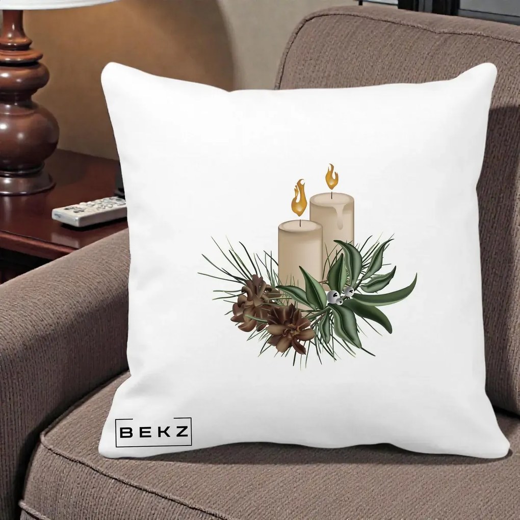 Perna Decorativa Lumanari cu Ilex si Conuri Ilustratie, 40x40 cm, Alba Mata, Husa Detasabila, Perna Inclusa, BEKZ®